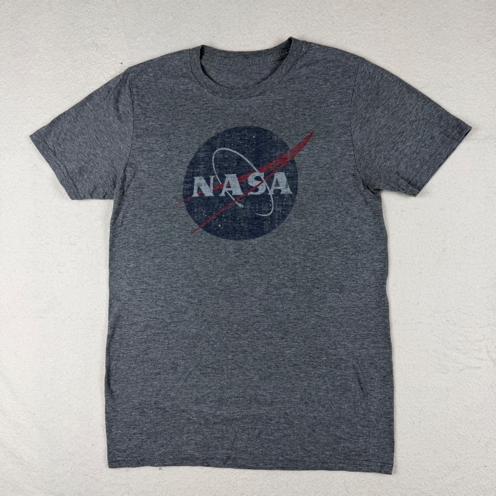 NASA Graphic T-Shirt Mens Small Charcoal Heather Grey Distressed Logo Tee